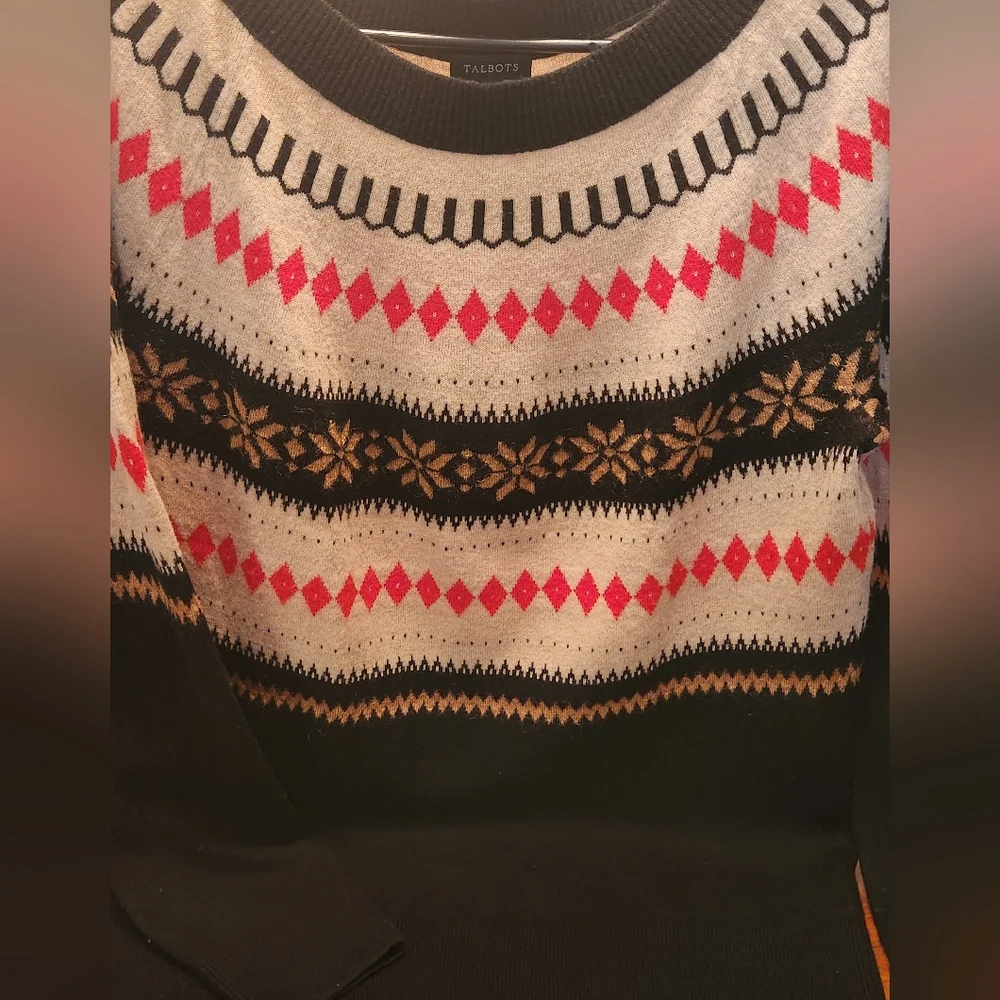 Talbots Fair Isle Wool Blend Sweater Black W Multi-Color L Holiday Cabincore - Picture 3 of 9